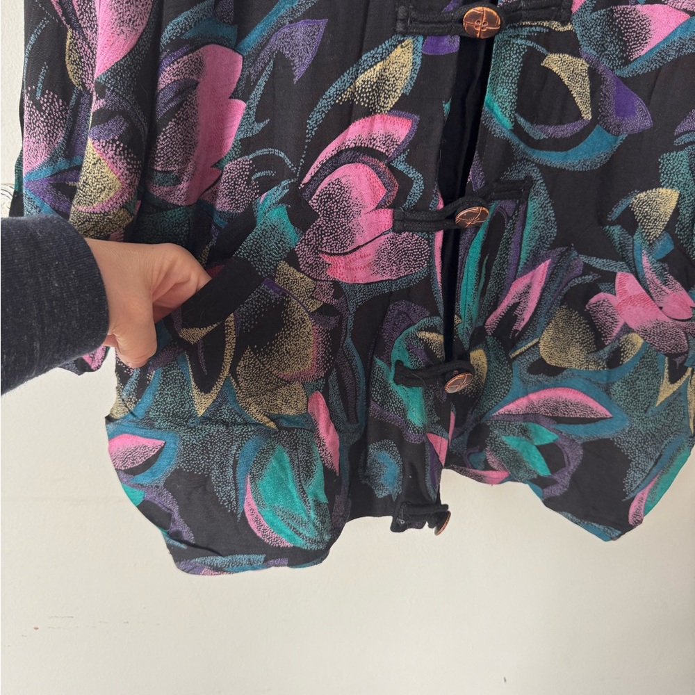 Vintage 80s Black Pink Teal Floral Oversized Kimono Jacket Blazer Artsy Boho L - Picture 5 of 9